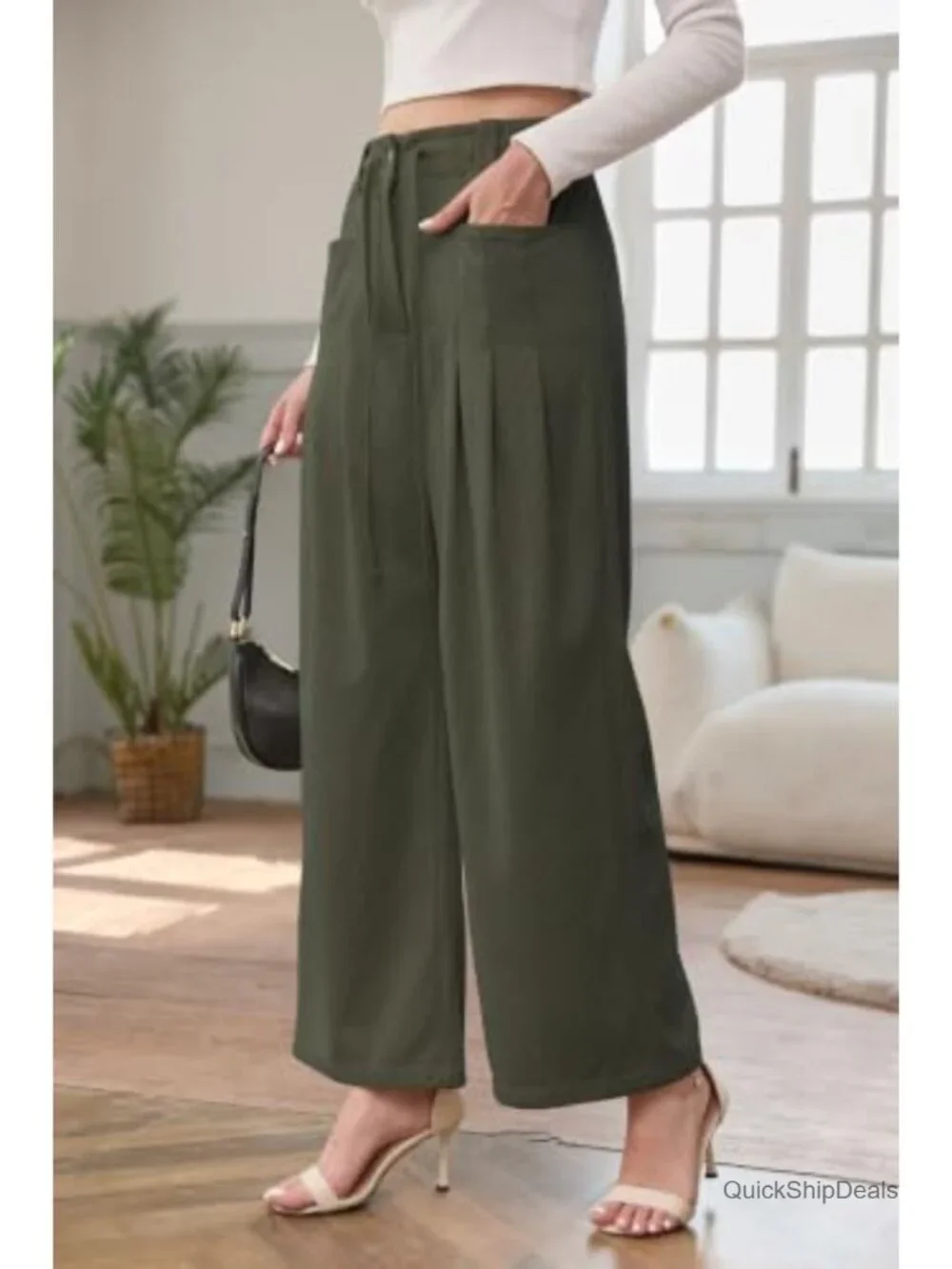 Corduroy Wide Leg Pants Elastic Waist High Rise Non-Stretch